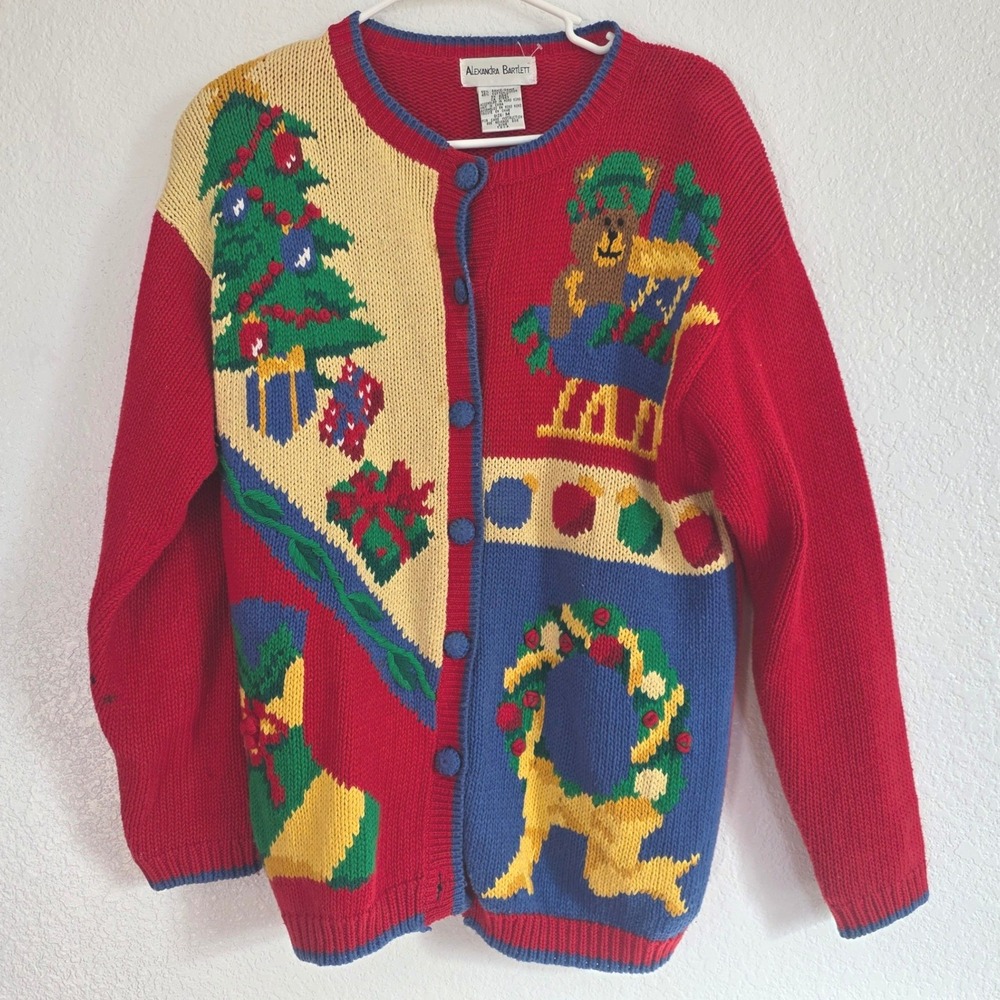 Alexandra Bartlett Christmas Sweater Red Blue Teddy Bear Deer Tree Stocking M